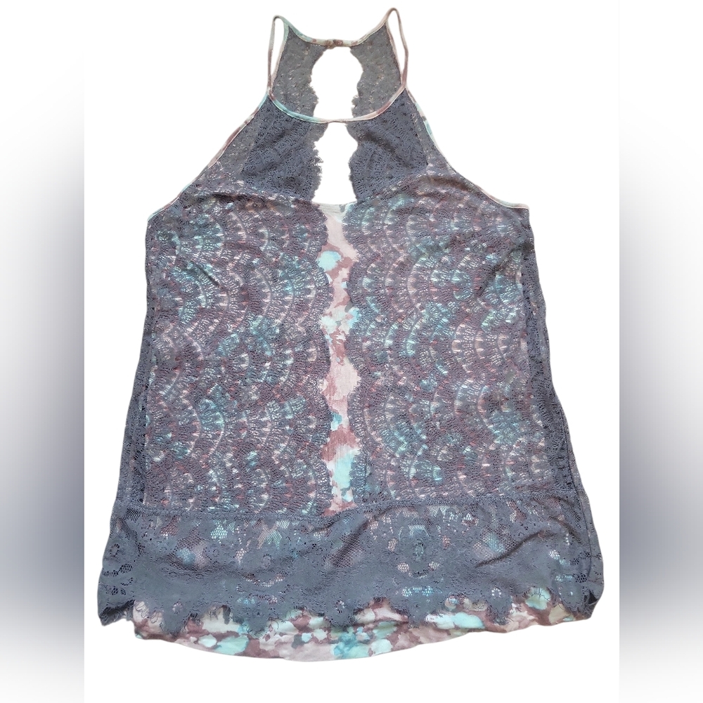 Anthropologie Gray Lace Tank with Aqua and Blush Tie-Dye Underlay
